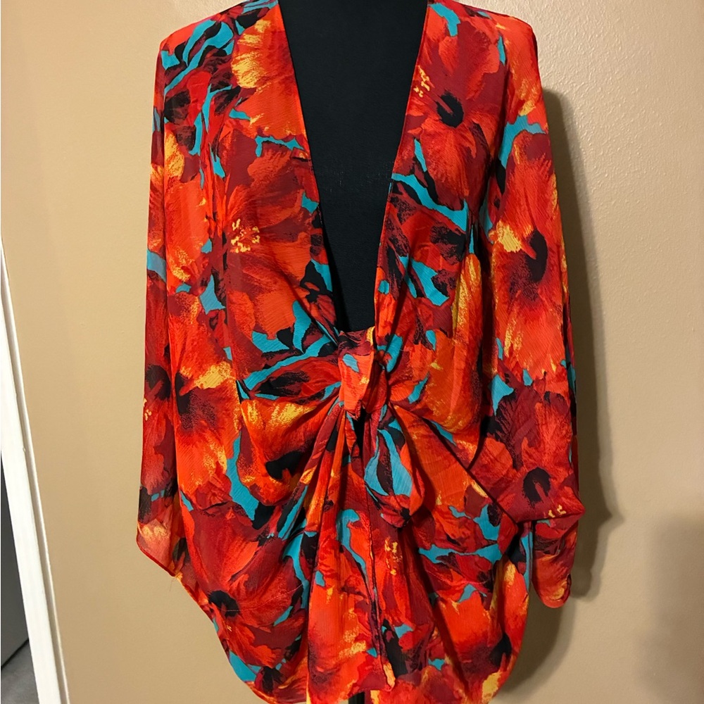 New York & Company Red Floral Top with Teal Accents - Picture 5 of 7